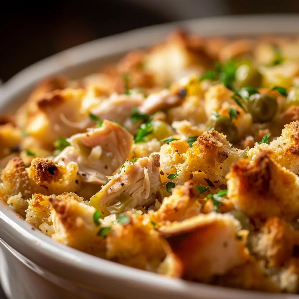 Eye-level shot of a Chicken and Stuffing Casserole, highlighting the shredded chicken and stuffing mix under warm lighting.