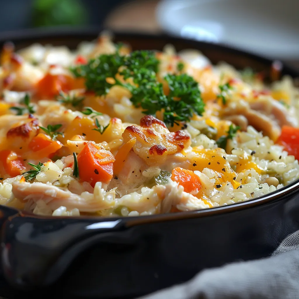 A mouthwatering Creamy Chicken and Rice Casserole, showcasing creamy texture and golden cheese, shot from eye level.