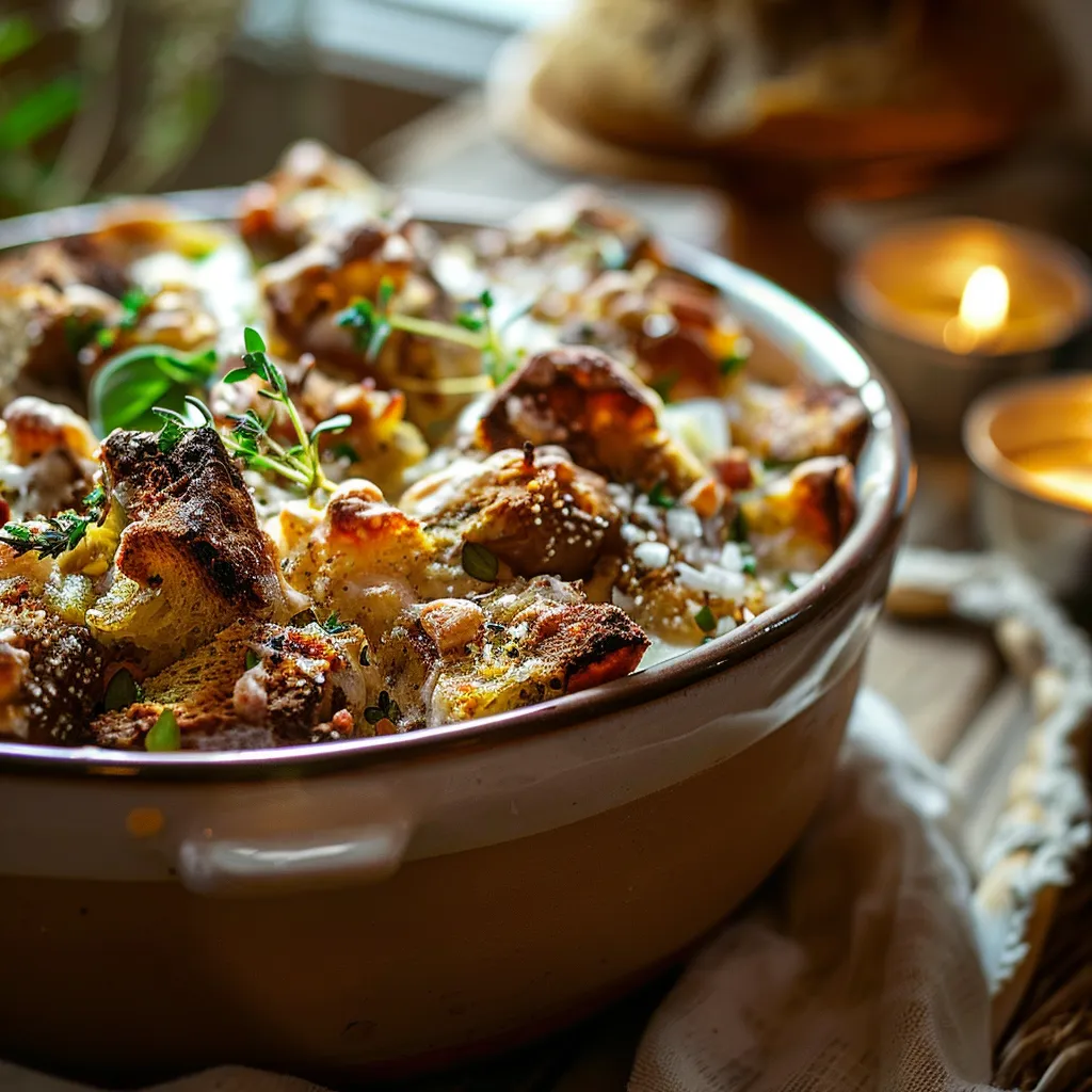 Eye-level view of a delicious comfort dish, illuminated by natural light, emphasizing its appetizing details.