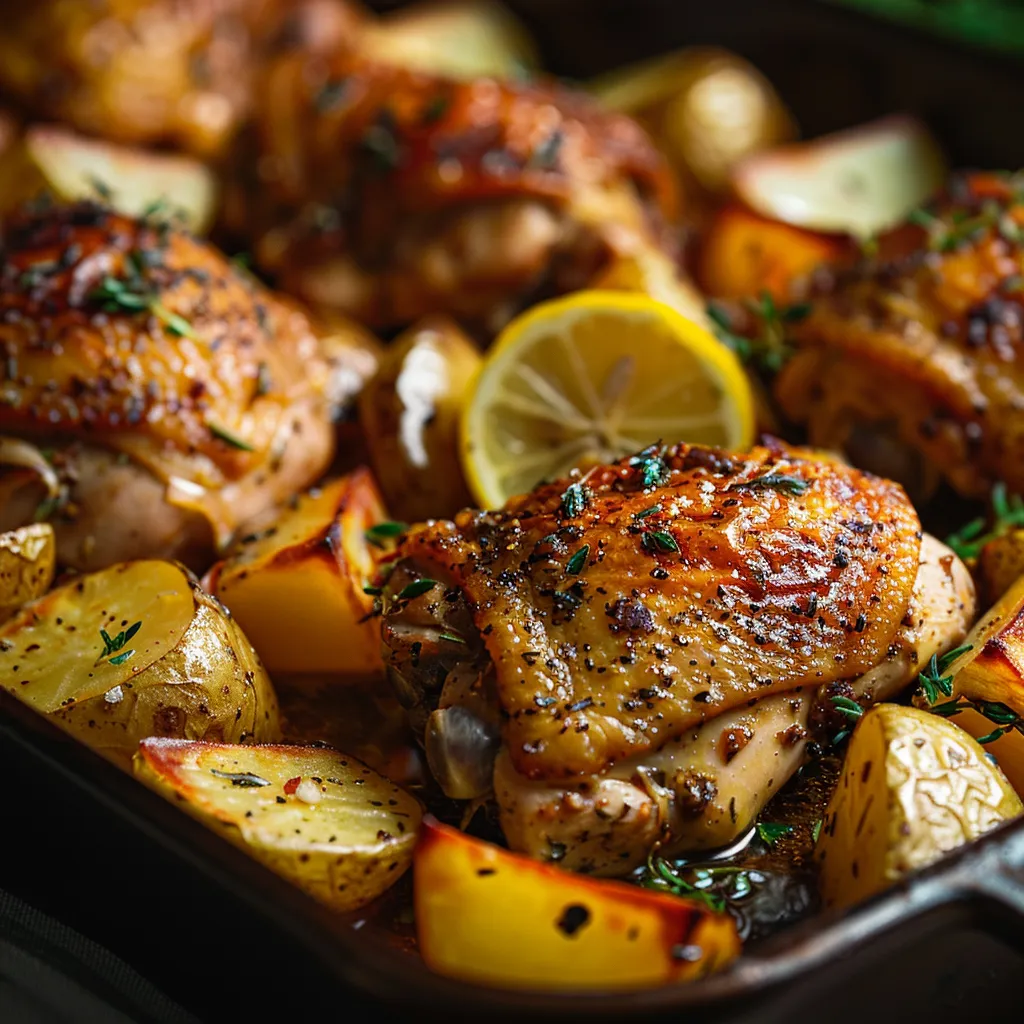 Delicious One Pan Chicken and Potatoes garnished with fresh parsley and lemon slices.