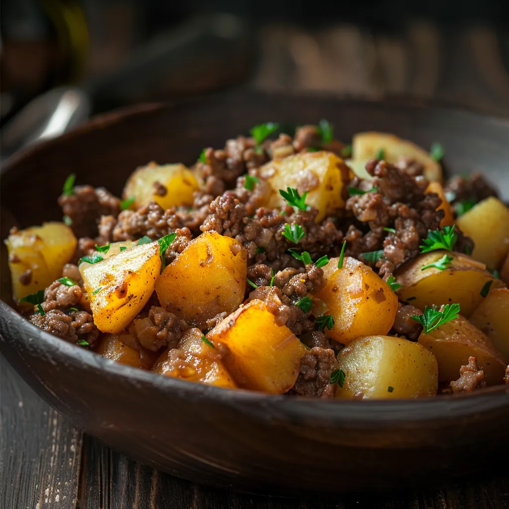 An appealing dish of sautéed ground beef mixed with golden potatoes, highlighted by soft natural lighting.