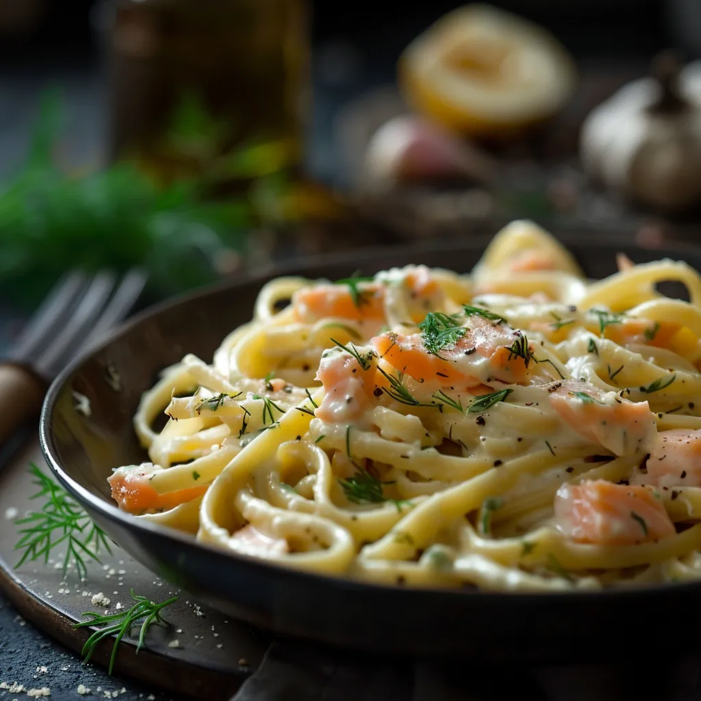 A detailed shot of pasta coated in a creamy sauce, featuring pieces of salmon and garlic.