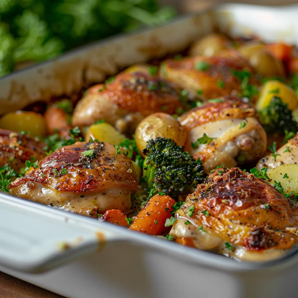 An appetizing one-dish chicken bake featuring tender chicken, halved baby potatoes, sliced carrots, and broccoli, illuminated by natural light.