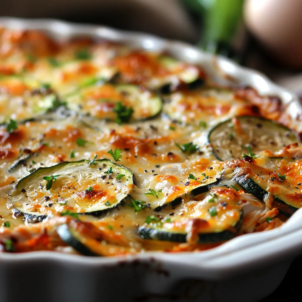 An inviting dish of chicken zucchini bake with a golden crust, featuring visible cheese and herbs against a blurred backdrop.