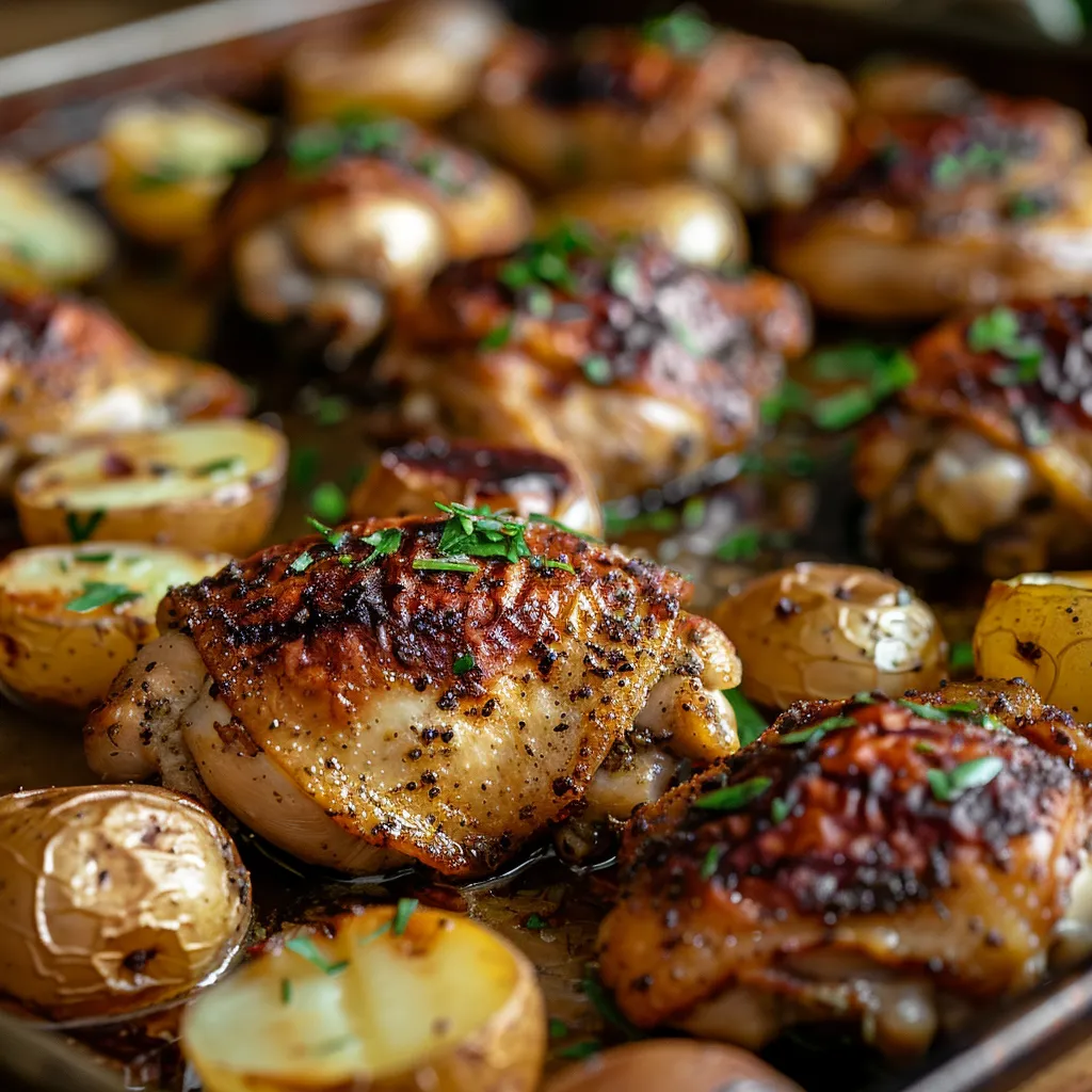 A beautifully arranged sheet pan with golden-brown chicken and roasted potatoes in natural light.