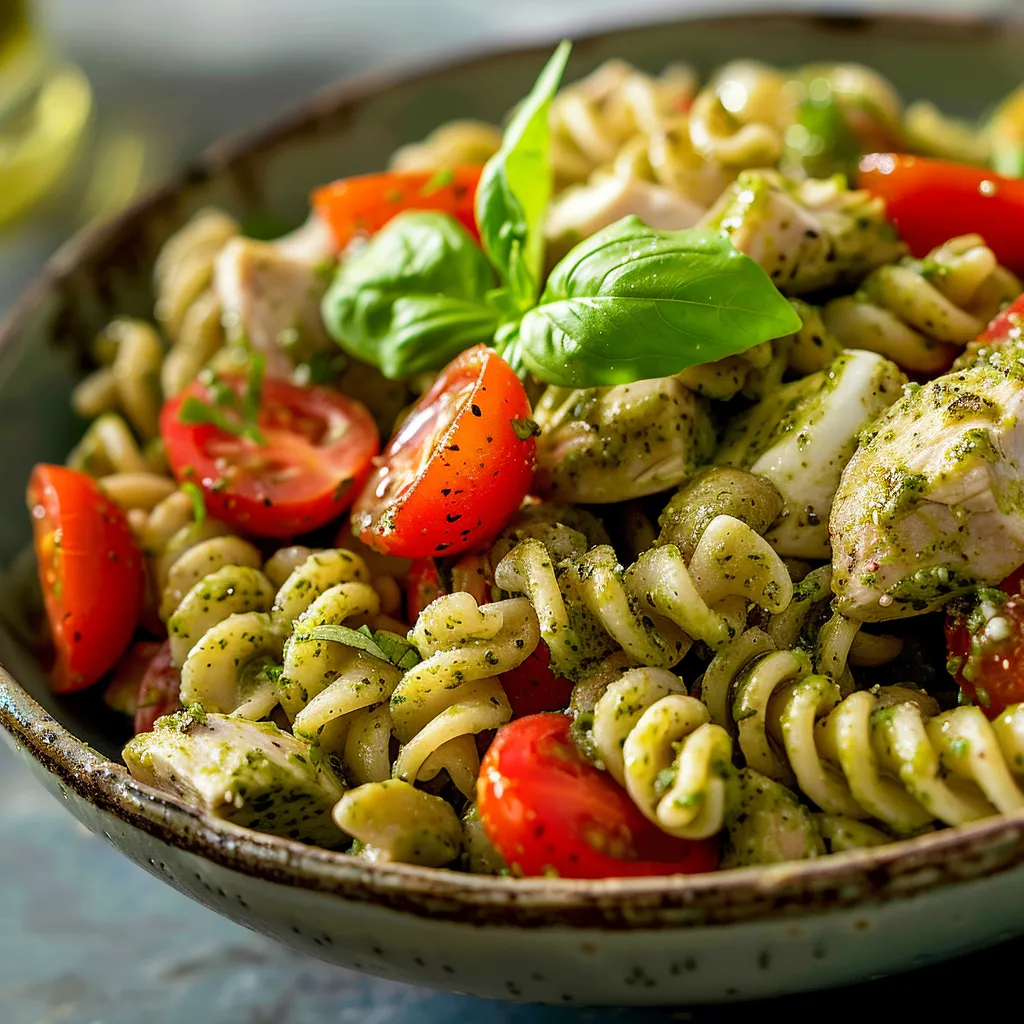 Delicious Easy Chicken Pesto Pasta Salad featuring pasta, chicken, cherry tomatoes, and mozzarella.