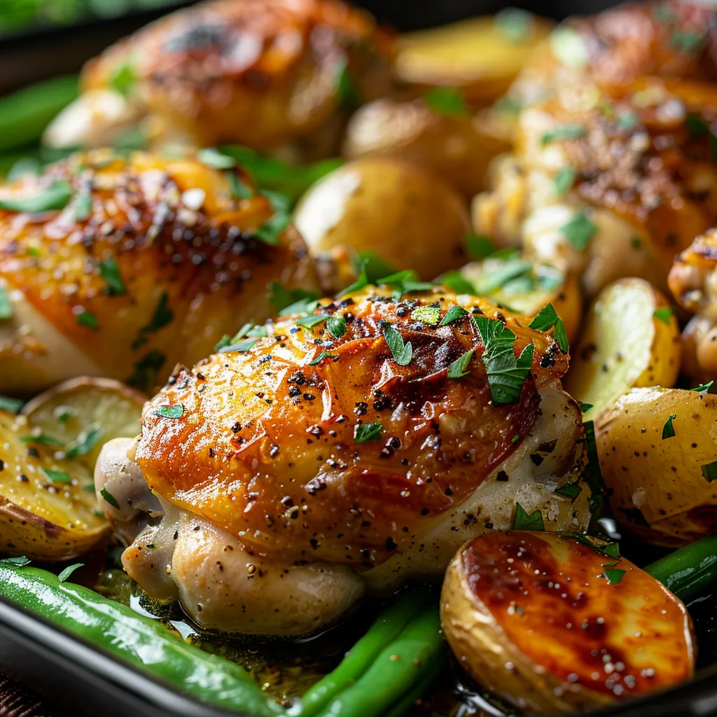A beautifully arranged dish of garlic butter chicken thighs with fresh greens and potatoes on a warm-toned surface.