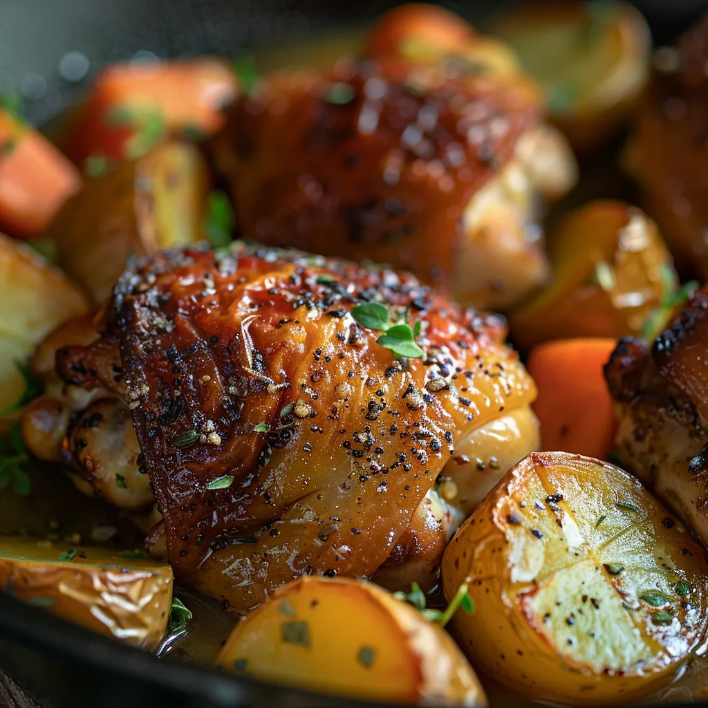 A beautifully arranged dish of one-pan roasted chicken thighs surrounded by sliced carrots and diced potatoes, highlighting textures and colors.