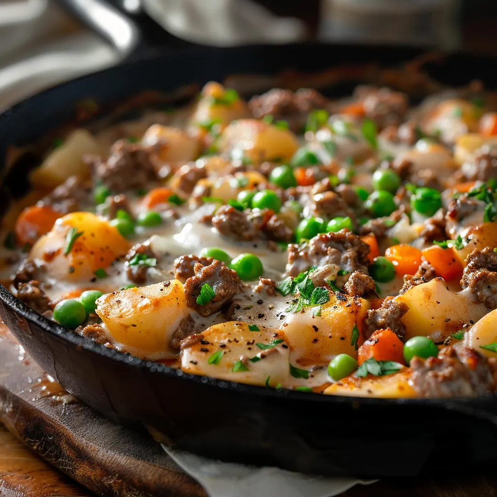 A skillet filled with creamy meat and potatoes, garnished with fresh parsley and illuminated by natural light.