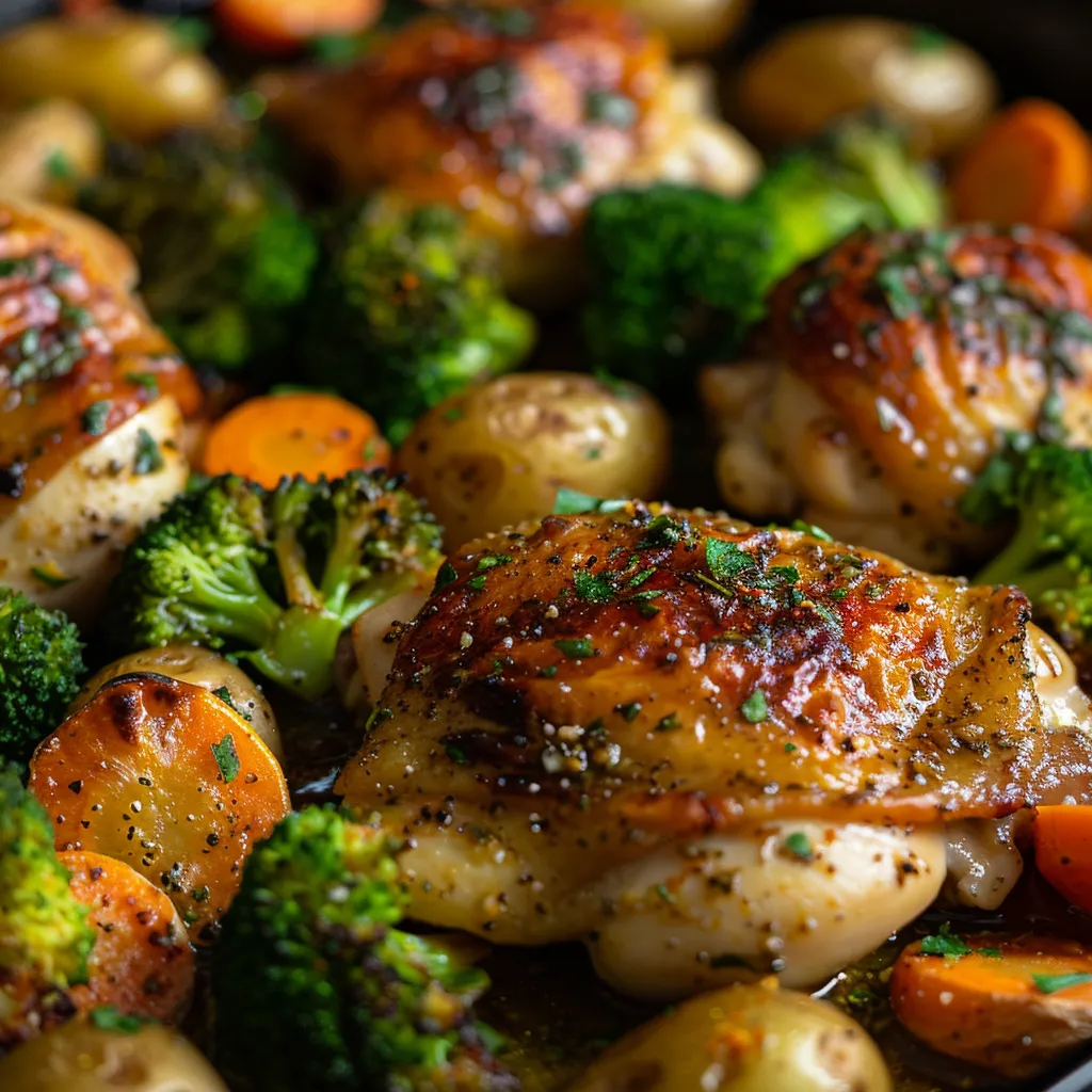 One-pan meal featuring golden chicken thighs and vibrant veggies, beautifully arranged.