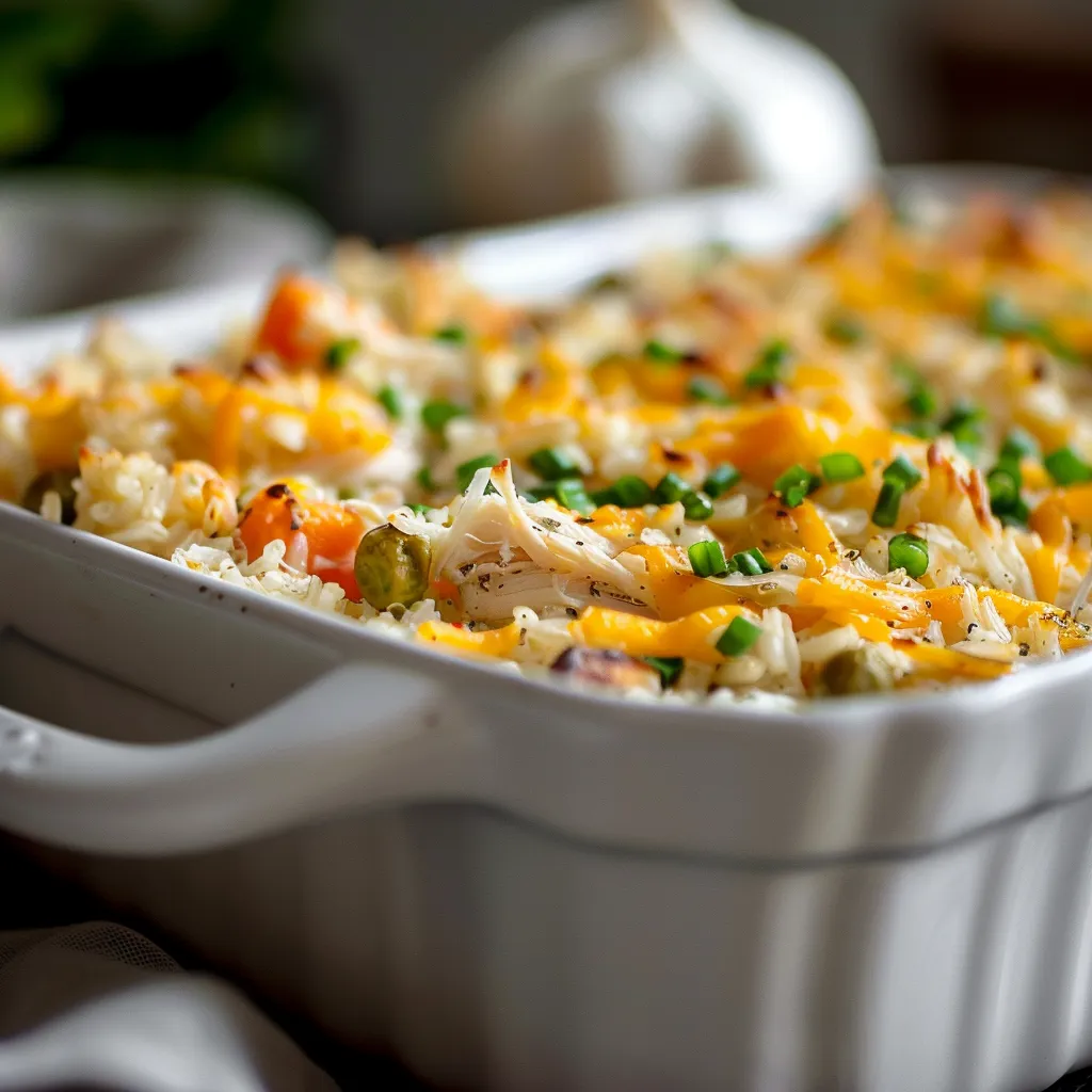 A rustic Chicken and Rice Casserole displayed in a baking dish, showcasing its creamy texture and colorful vegetables.