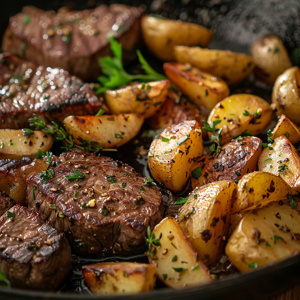 A vibrant garlic butter steak and potatoes dish in a skillet, showcasing tender meat and golden potatoes.