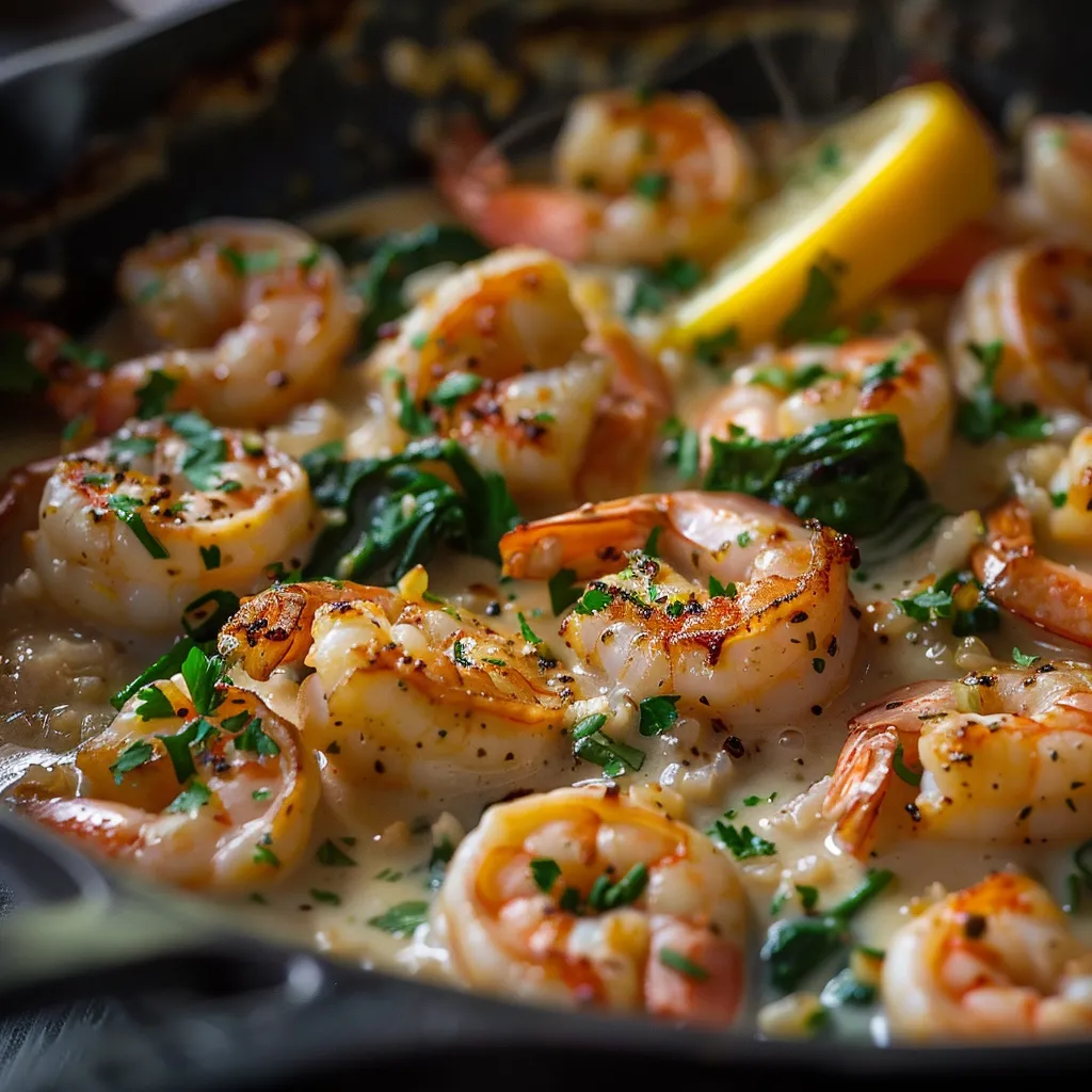 A delicious one pan dish featuring shrimp in a creamy garlic sauce, served on a bed of rice with spinach.