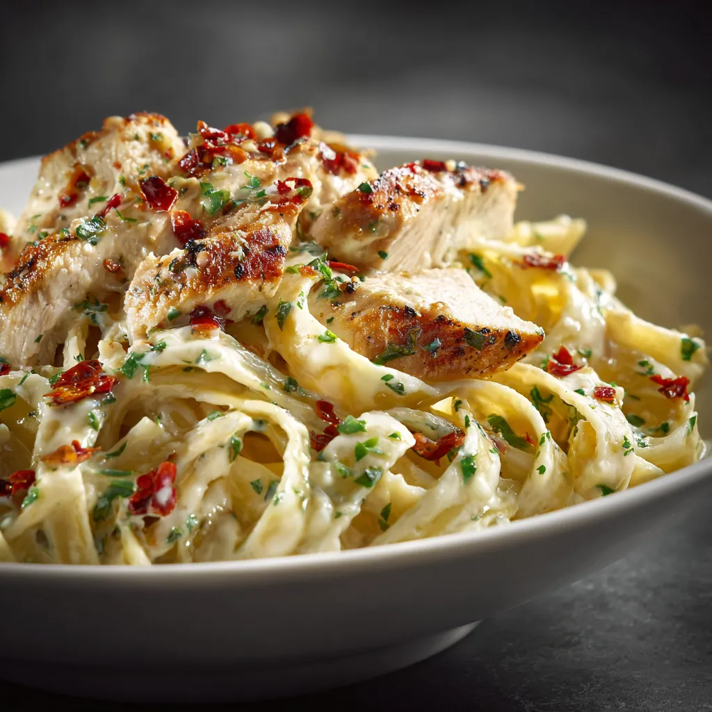 A rich bowl of fettuccine pasta with shredded chicken and a creamy Cajun sauce, beautifully lit.