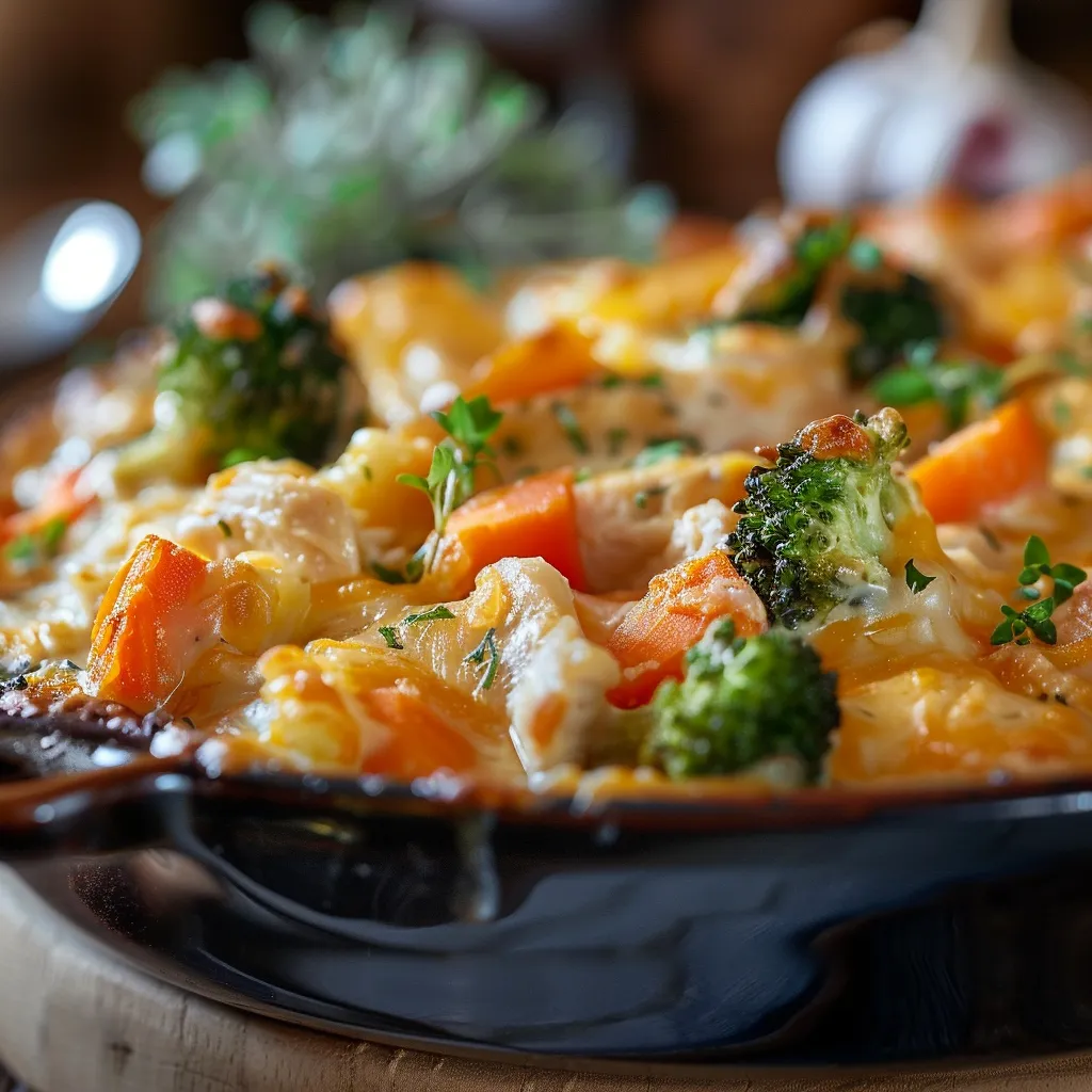 A warm Chicken and Vegetable Casserole with visible broccoli, carrots, and a creamy sauce, captured in natural light.