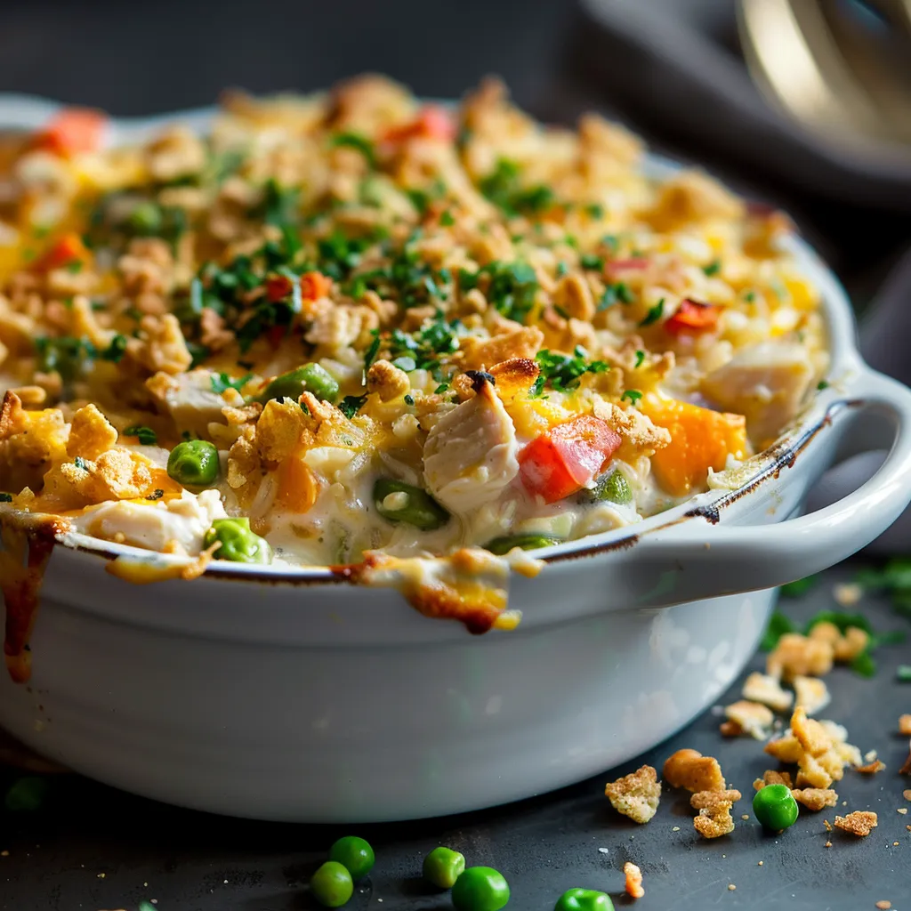 An appetizing one-dish chicken casserole in a baking dish, showcasing layers of chicken, rice, and melted cheese.