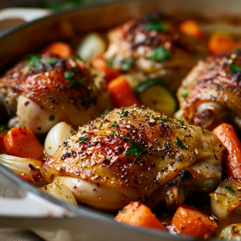 Eye-level shot of golden-brown roasted chicken and vibrant vegetables.