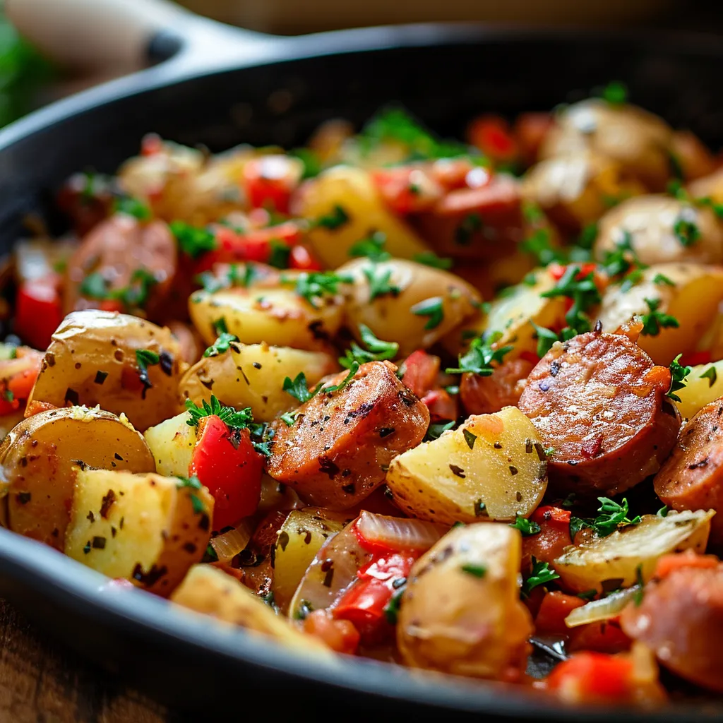 A delicious sausage and potatoes dish, showcasing sliced sausage and diced potatoes in a warm, inviting skillet.
