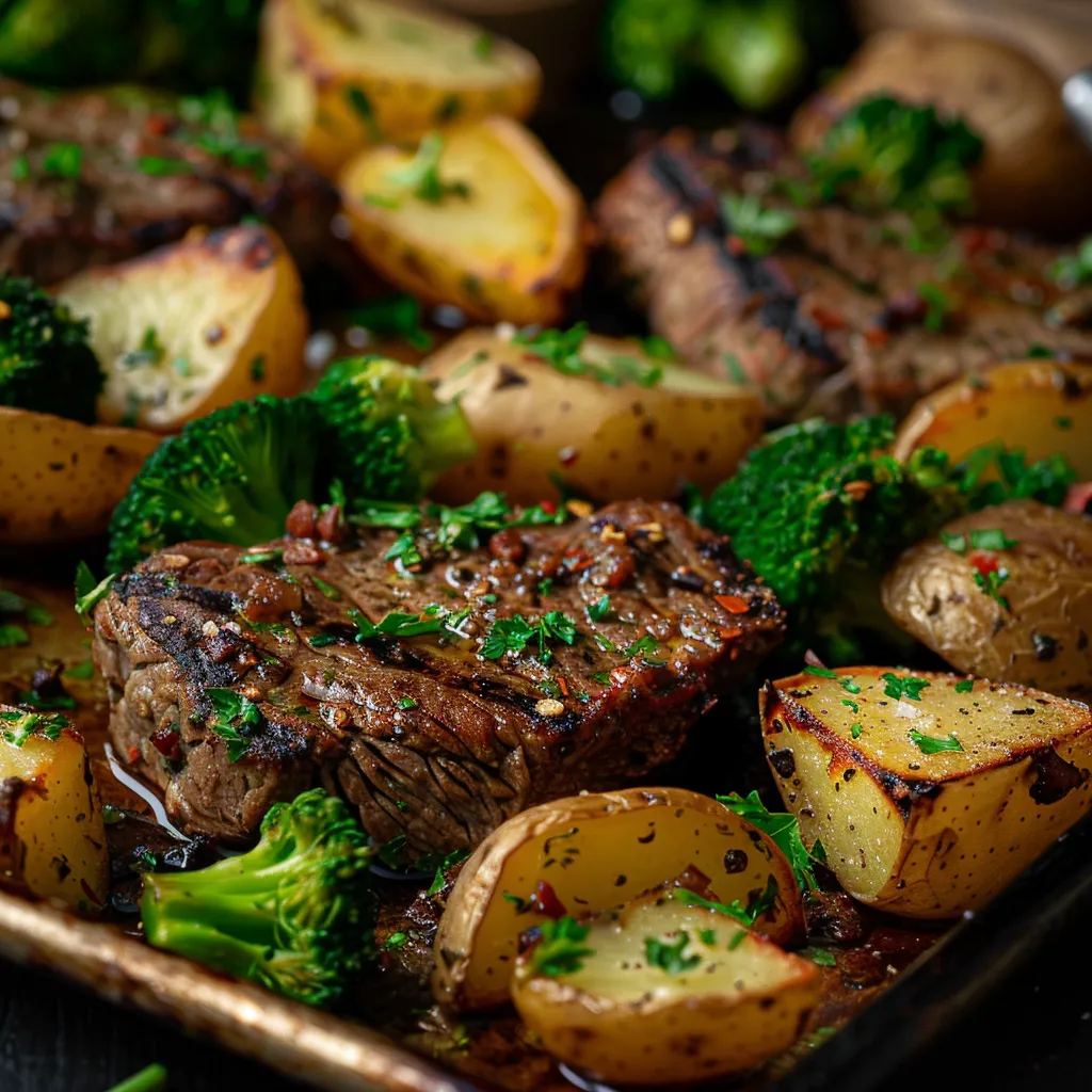 A delicious plate of steak, potatoes, and broccoli arranged on a sheet pan, captured in soft natural light.
