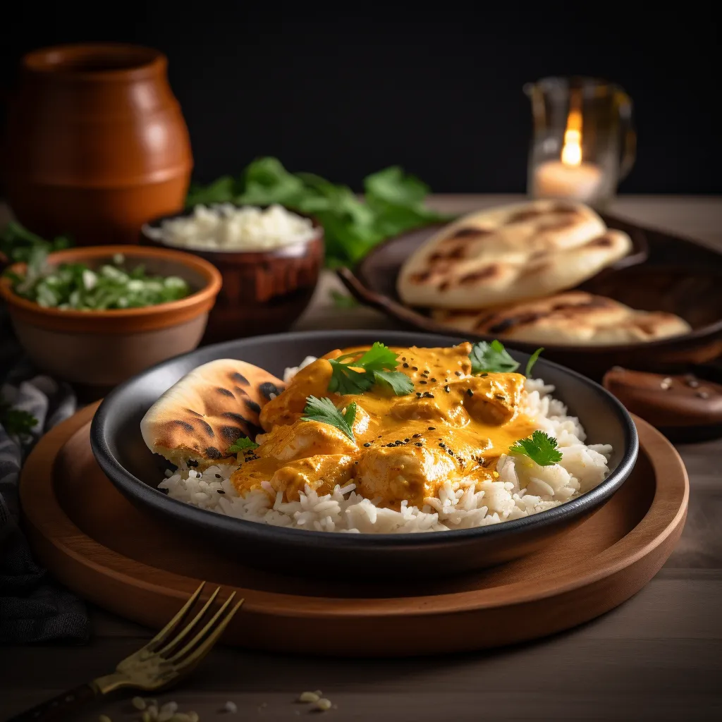 Delicious butter chicken dish with creamy sauce and spices, presented on a rustic table.