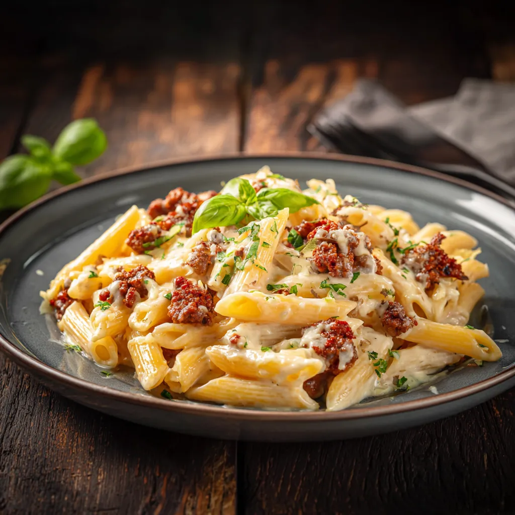 A delicious plate of beef pasta highlighted by natural light, showcasing its creamy texture.