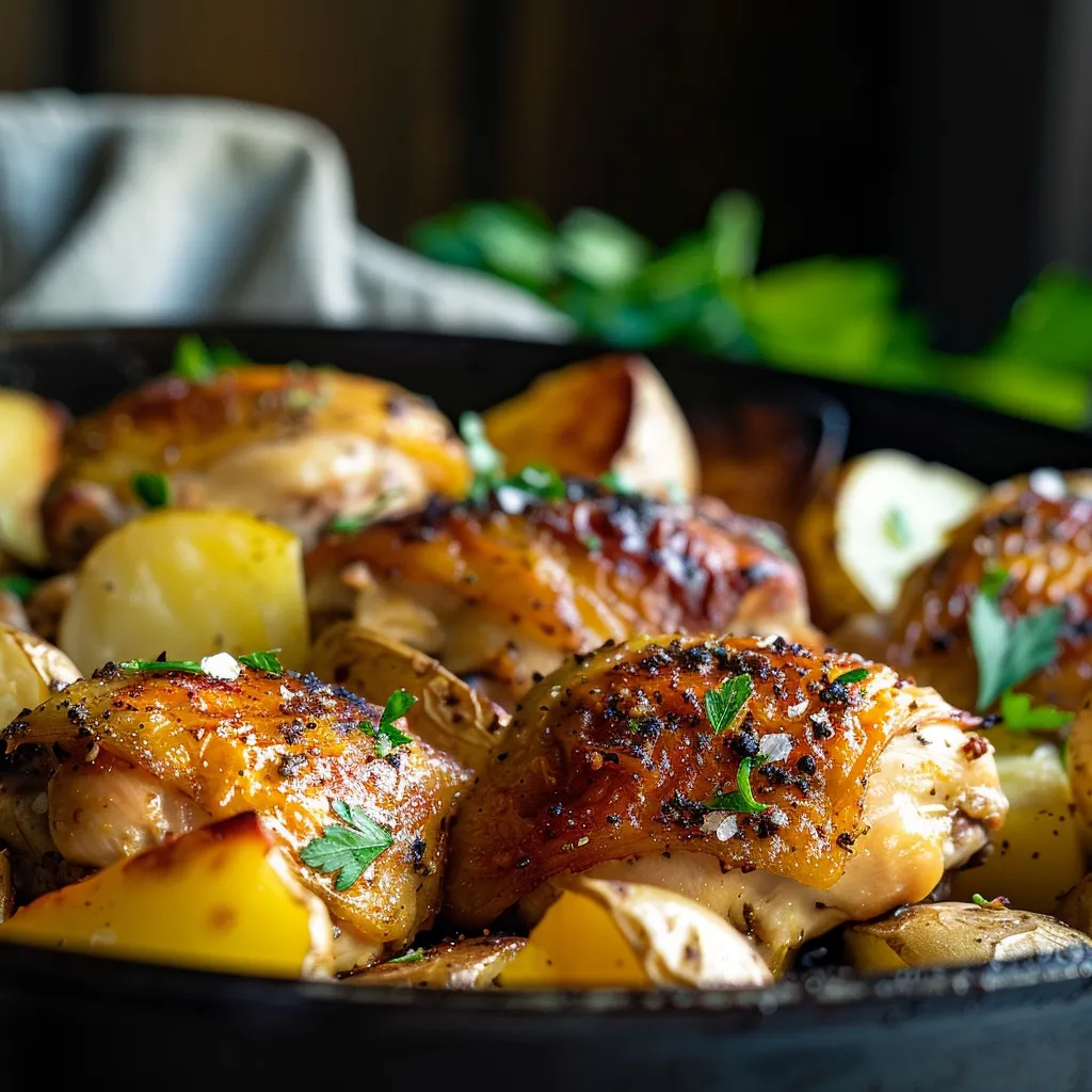 Rich chicken and rice meal served in a rustic dish, showcasing tender chicken and mixed vegetables.