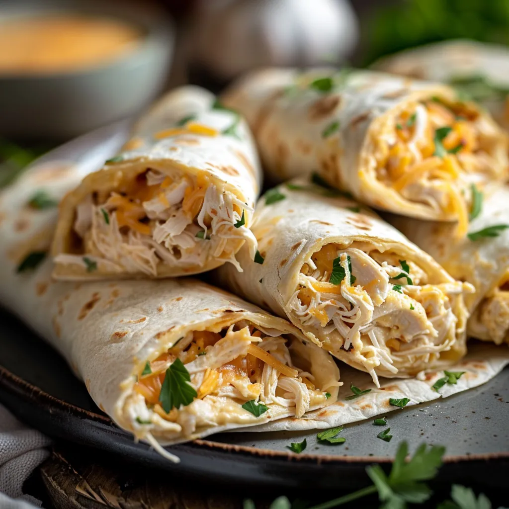A delectable chicken wrap showcasing gooey cheese and fresh herbs on a warm tortilla.