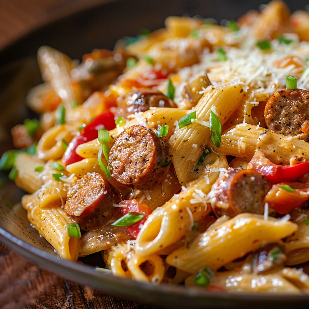 A bowl of creamy pasta featuring sausage and colorful vegetables, illuminated by natural light.