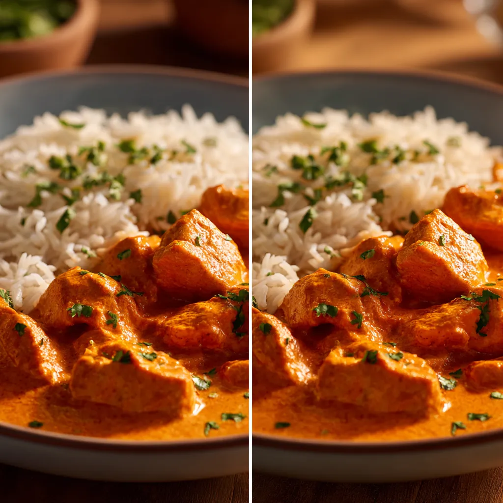A vibrant plate of homemade butter chicken featuring tender chicken pieces and rich sauce, beautifully lit.