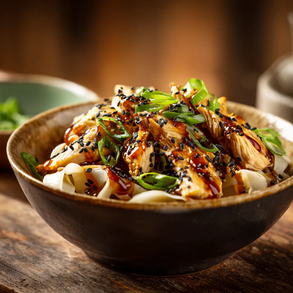 A delicious plate of sticky garlic chicken noodles shown from an eye-level angle with a blurred background.