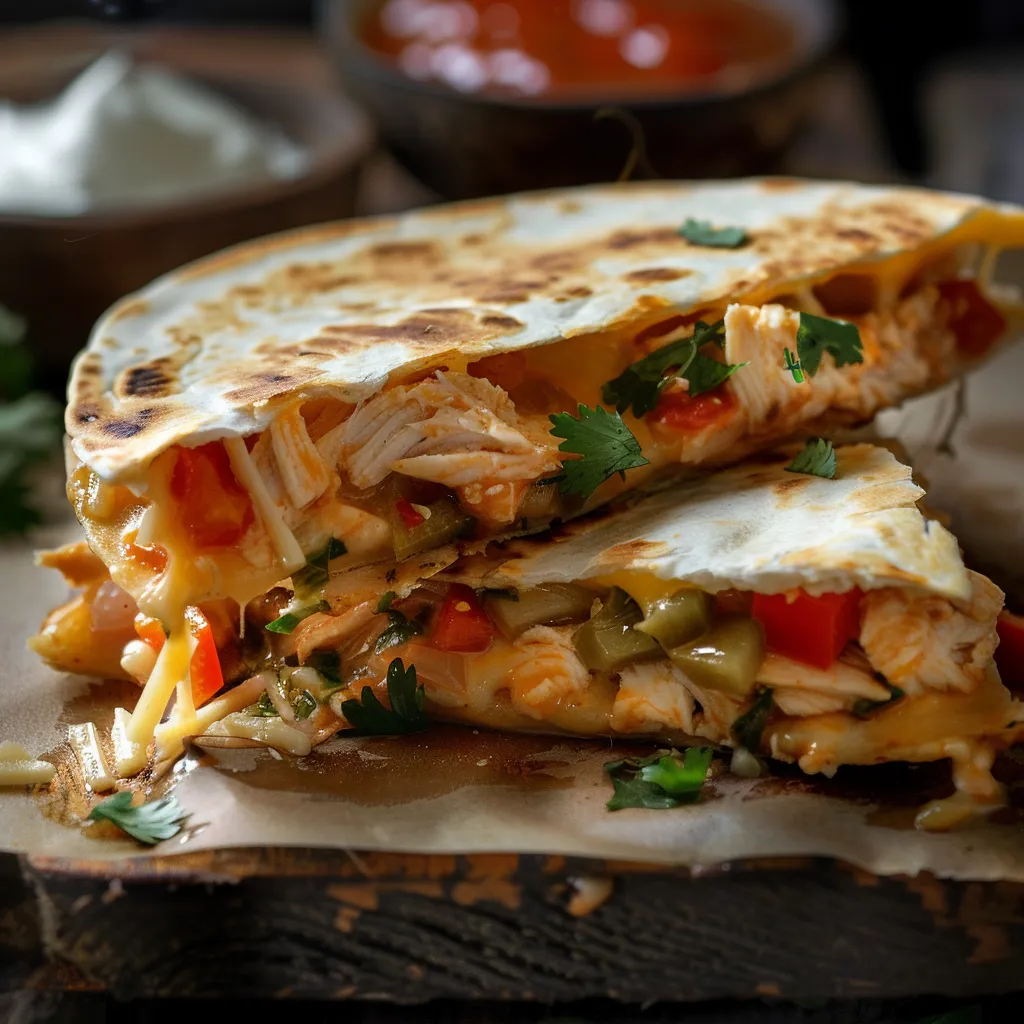 A beautifully arranged chicken quesadilla with melted cheese and colorful bell peppers, topped with a dollop of sour cream.