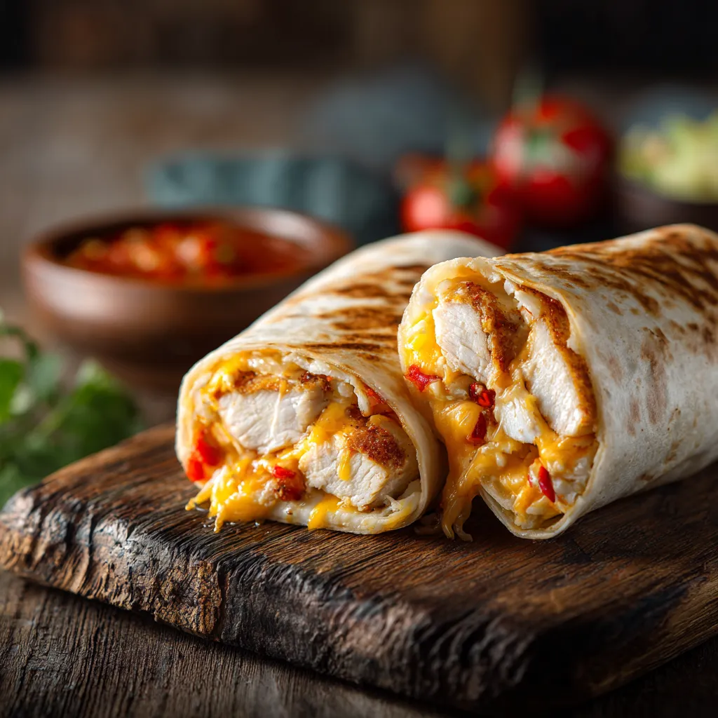 Deliciously stacked cheesy garlic chicken wraps on a rustic plate.