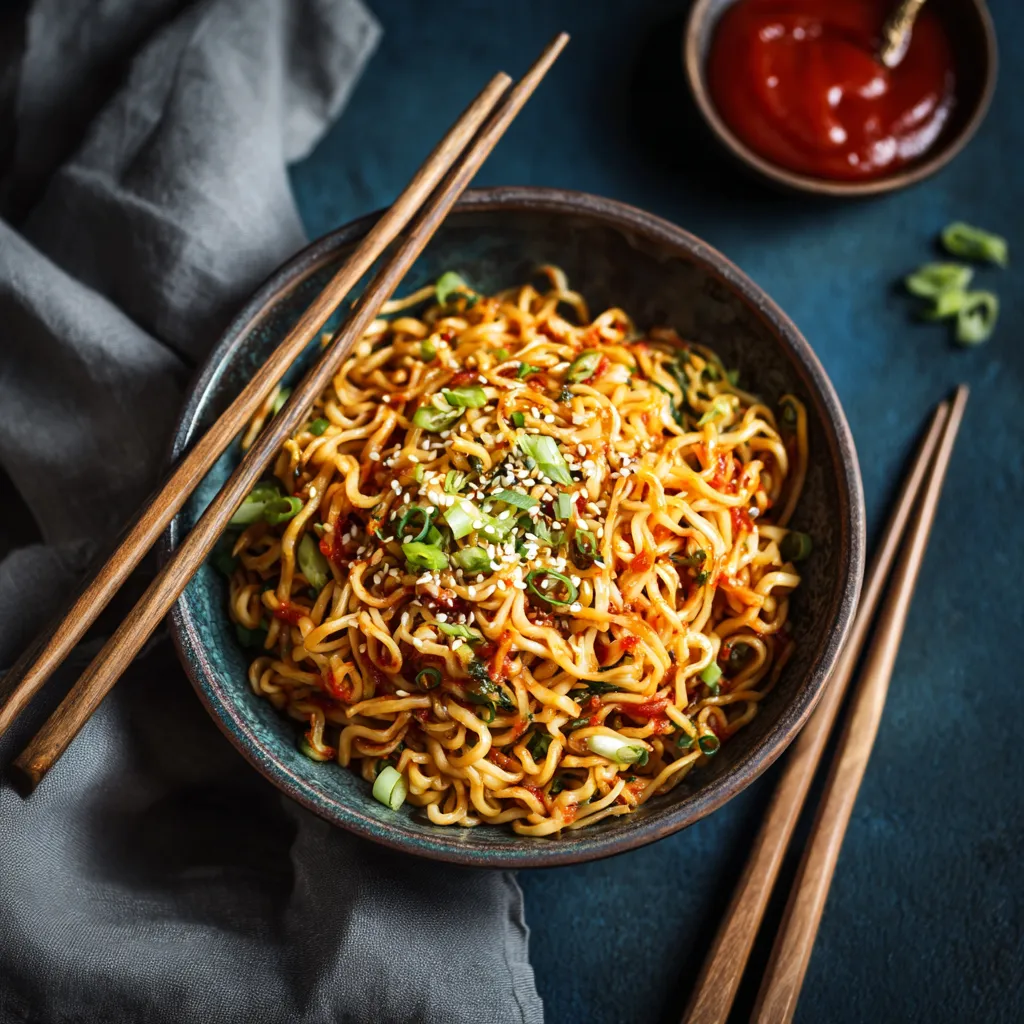 A bowl of saucy ramen noodles featuring colorful mixed vegetables, captured in warm lighting.