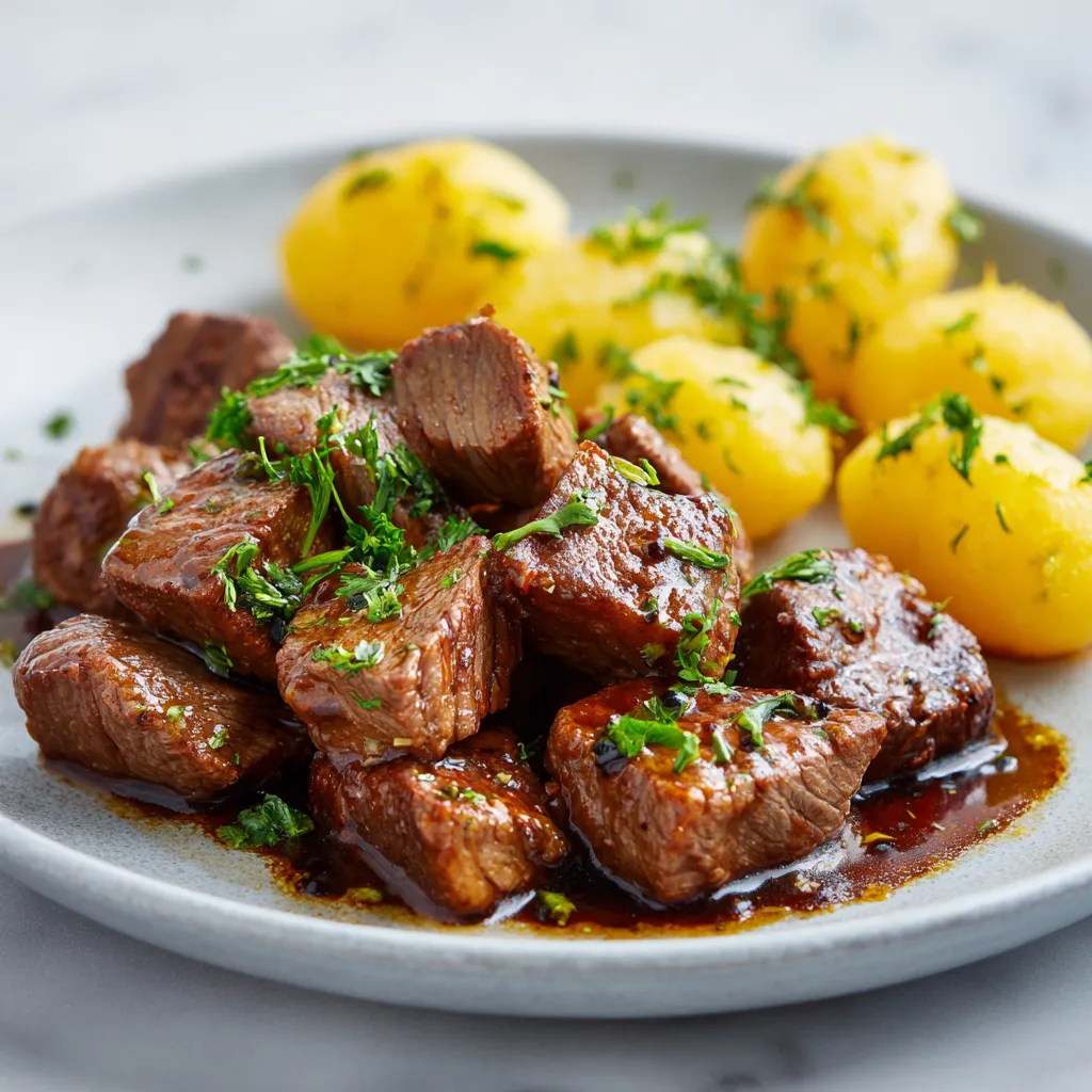 A plate of juicy steak bites coated in garlic butter, with tender baby potatoes, against a soft background.
