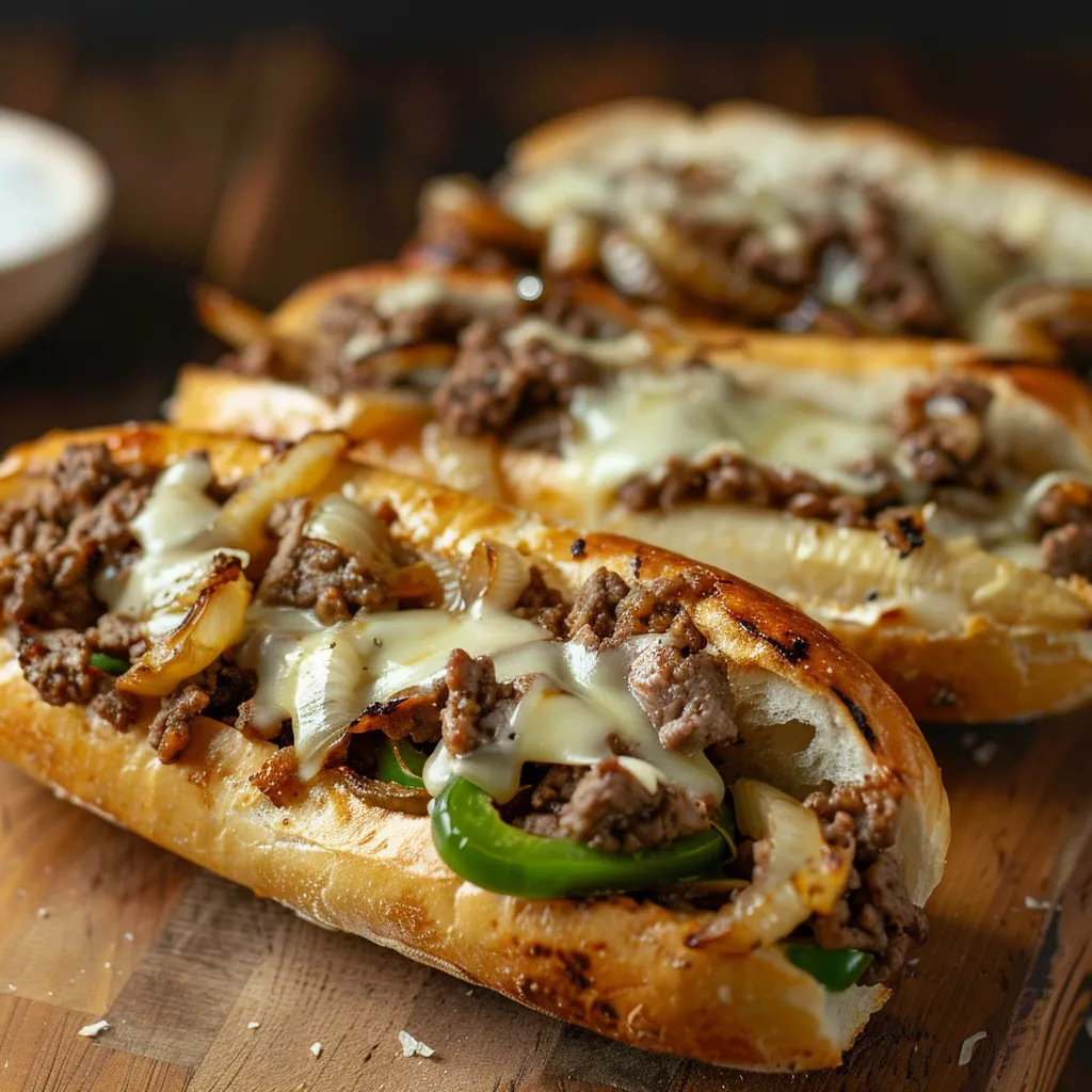 Delicious Ground Beef Philly Cheesesteak on a hoagie roll, showcasing juicy fillings and toppings.