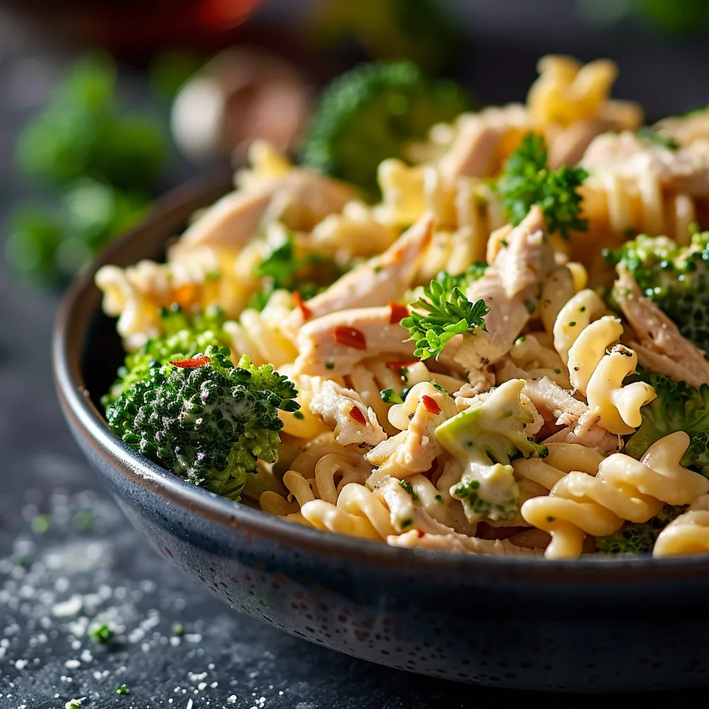 A vivid plate of whole grain pasta mixed with broccoli and shredded rotisserie chicken, garnished with parsley.