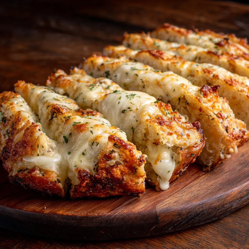 Delicious loaf of garlic bread topped with gooey cheese, presented on a rustic wooden board.