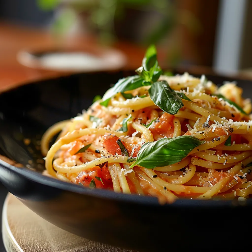 Delicious spaghetti in a creamy tomato sauce with garlic, displayed in soft natural light.