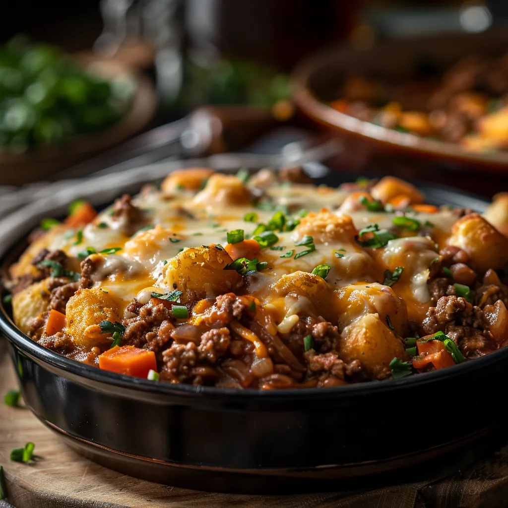 Delicious Hobo Casserole in a dish, showcasing layers of beef, baked beans, and vegetables.