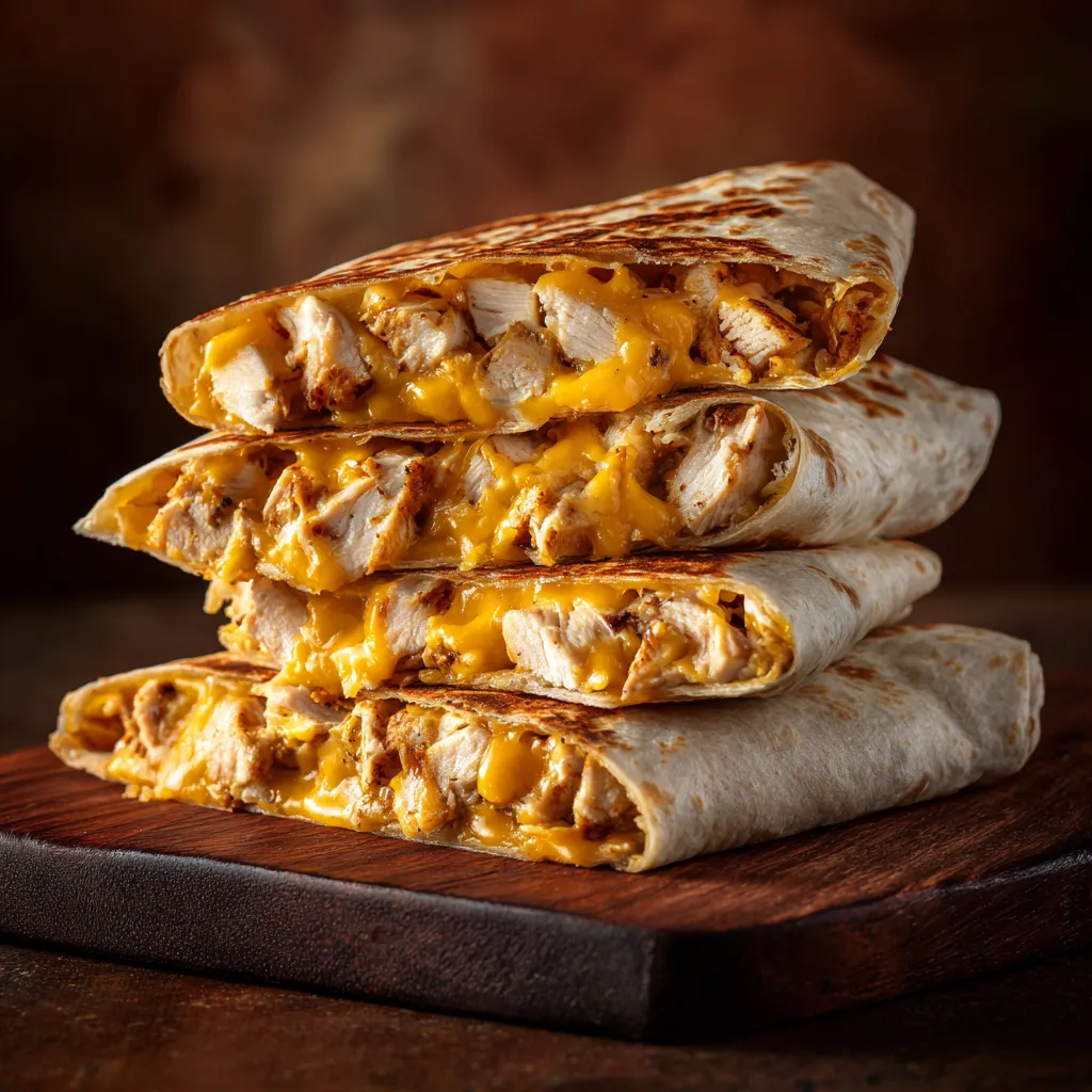 Tantalizing cheesy chicken wrap, showcasing warm tortillas filled with gooey cheese and herbs.