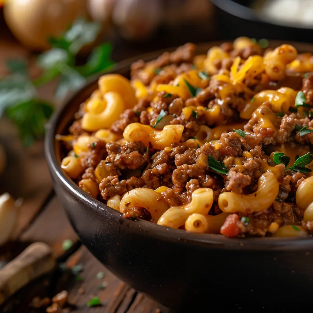 A bowl of homemade Hamburger Helper, showcasing pasta and beef in a rich, cheesy sauce with herbs.