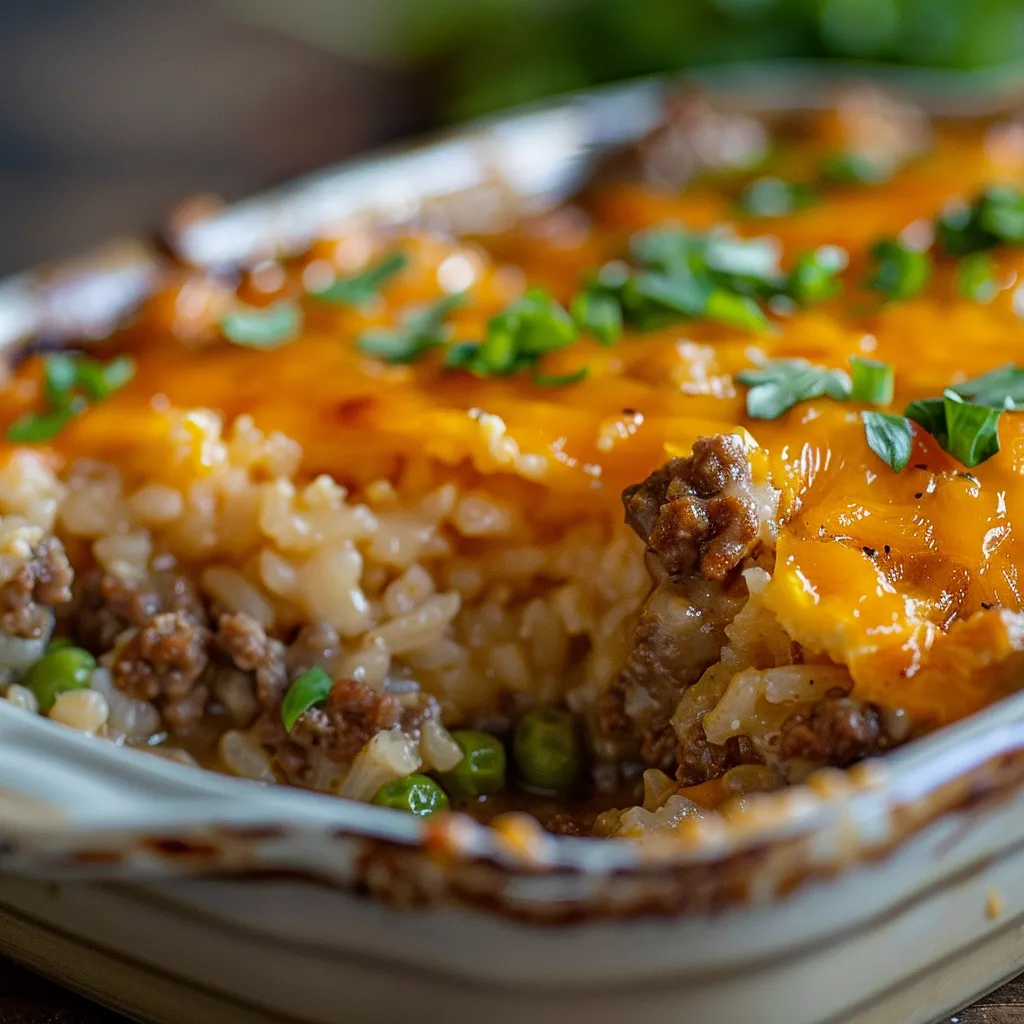 A delectable dish of ground beef and rice bake topped with cheese, captured in warm natural light.
