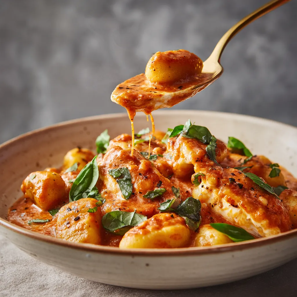 A bowl of rich tomato garlic pasta with a creamy sauce and herbs, captured in warm light.