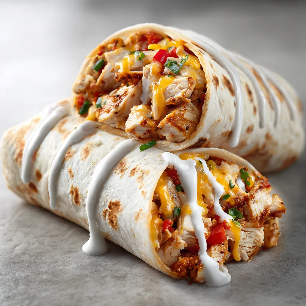Eye-level image of a delicious chicken wrap, showcasing its cheesy interior and garlic flavor.