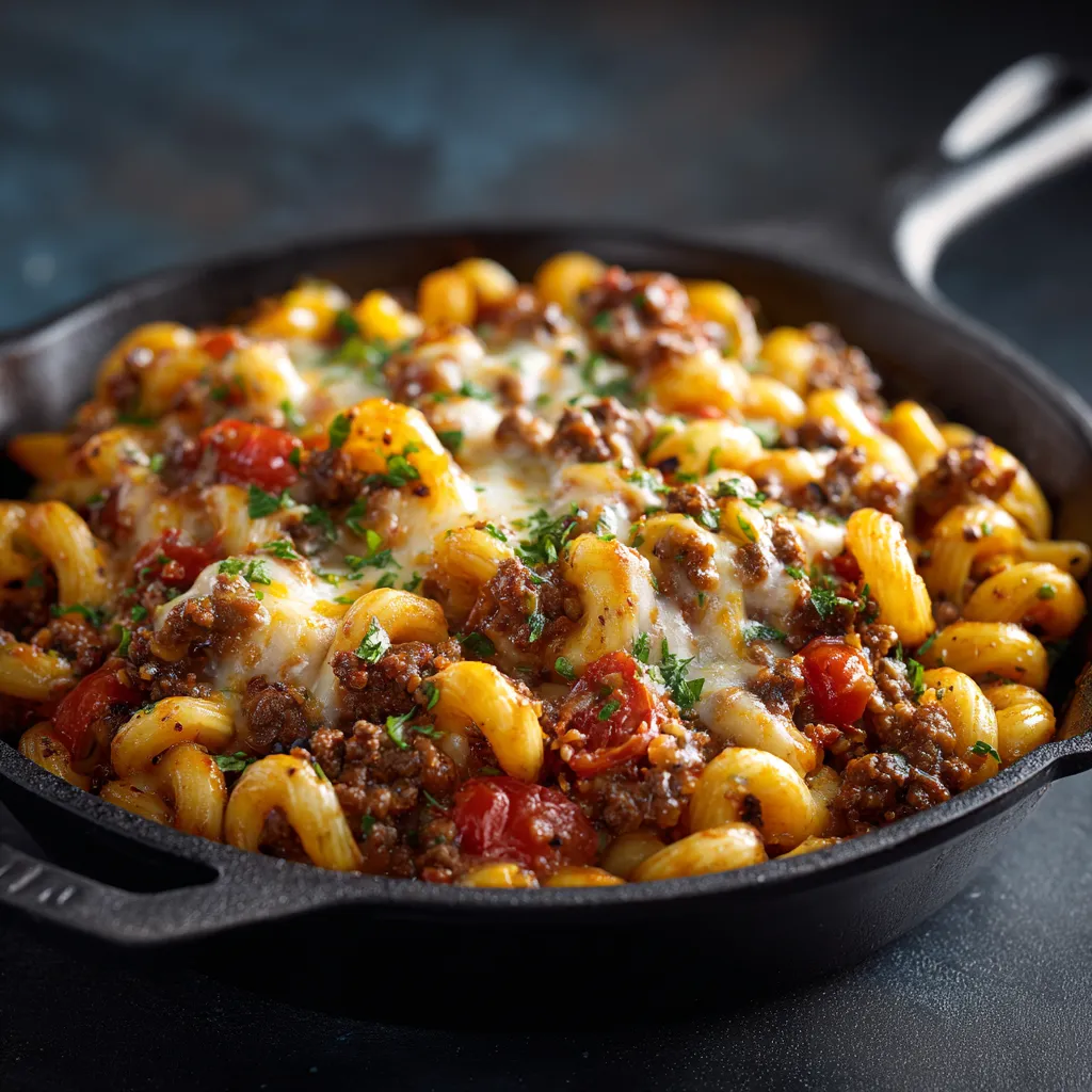 Delicious homemade Hamburger Helper featuring ground beef, macaroni, and a creamy cheese sauce illuminated by soft light.