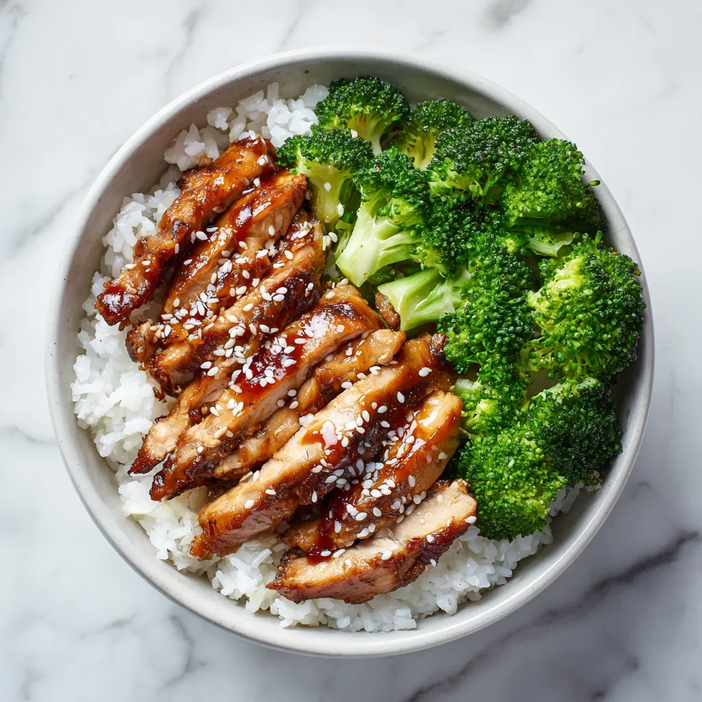 Colorful bowl of chicken rice with glossy sauce, green onions, and a warm background.