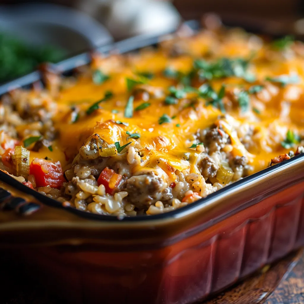 An appetizing Cheesy Hamburger Rice Casserole in a dish, showcasing layers of rice, ground beef, and cheese under soft, warm light.