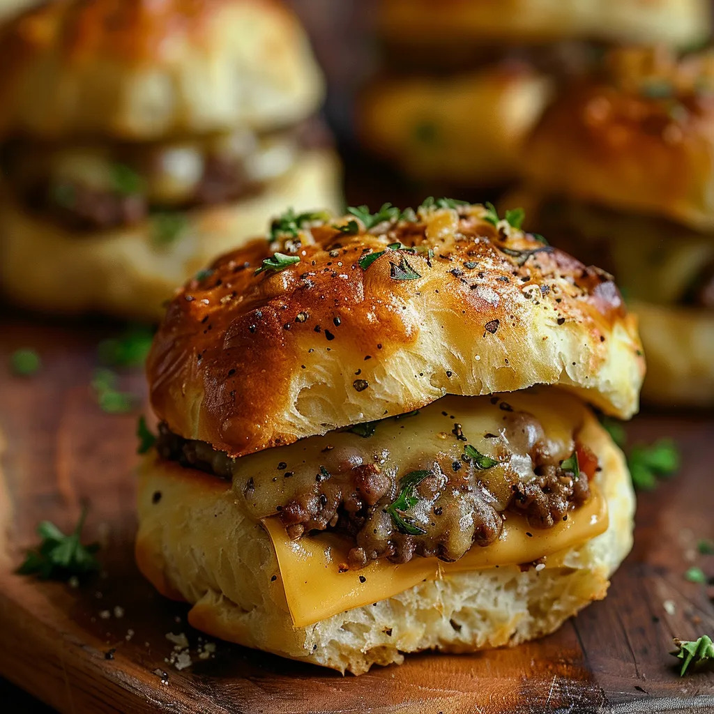 Deliciously baked Garlic Parmesan Cheeseburger Bombs, showcasing a crispy exterior and rich filling, set against a softly blurred background.