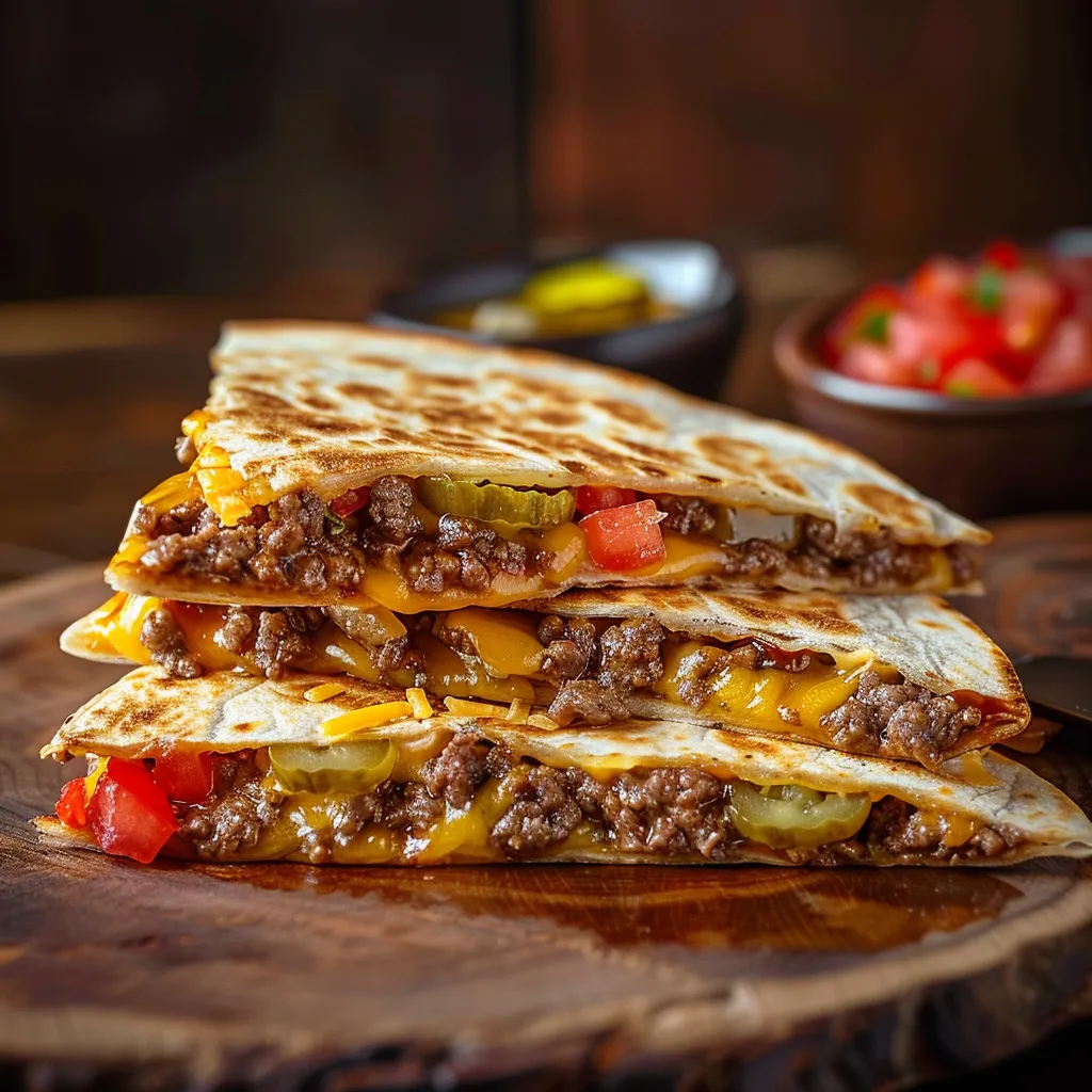 A delicious Smashburger Quesadilla arranged on a wooden surface, showcasing layers of melted cheese and fresh ingredients.