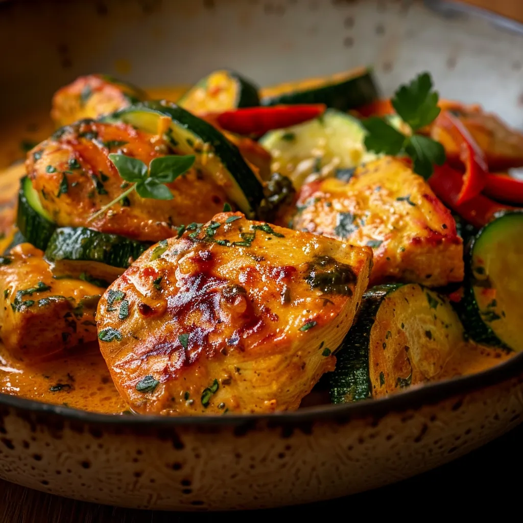 A delicious serving of creamy chicken with zucchini and red peppers.
